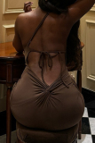 Dark Brown Sleeveless Backless Oblique Collar Strap Design Slit Long Formal Evening Party Prom Bodycon Maxi Dresses
