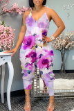 Green Vacation Sexy Casual Loose Floral Print Backless Spaghetti Strap Harem Cami Jumpsuits