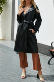 Off White Belted Turndown Collar Long Sleeve Casual Long Loose Jacket Pu Leather Windbreaker