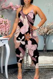 Green Vacation Sexy Casual Loose Floral Print Backless Spaghetti Strap Harem Cami Jumpsuits