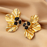 Golden Rhinestone Leaf Flower Earrings