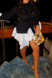 Black White O Neck Long Sleeve Irregular Hem Formal Evening Party Prom Mini Dresses