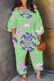 Green Floral Print Off Shoulder Long Sleeve Casual Vacation Harem Leg Jumpsuits