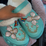 Pink Pearls Decor Butterfly Wedge Heel Thick Bottom Hole Closed Toe Sandals