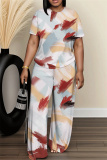 Red Graphics Print O Neck Short Sleeve Oversize T-shirt And Wide Leg Pants Casual Two Pieces Trouser Sets