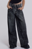 Black Hot Drill Gradient Angel Wings Print Mid Waist Straight YK2 Wide Leg Denim Jeans