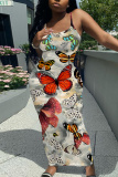 White Pink Graphics Print Backless Spaghetti Strap Bodycorn Vacation Long Maxi Slip Dresses