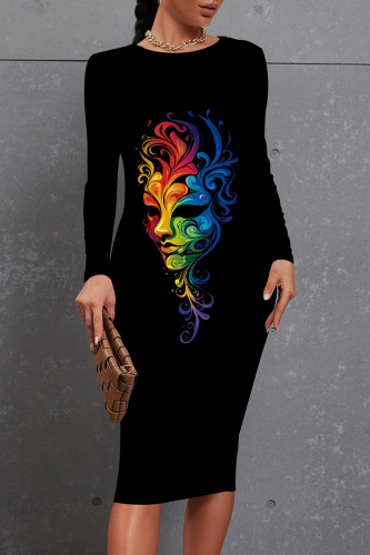 Red Blue Figure Print O Neck Long Sleeve Casual Outing Vacation Fall Bodycon Midi Dress