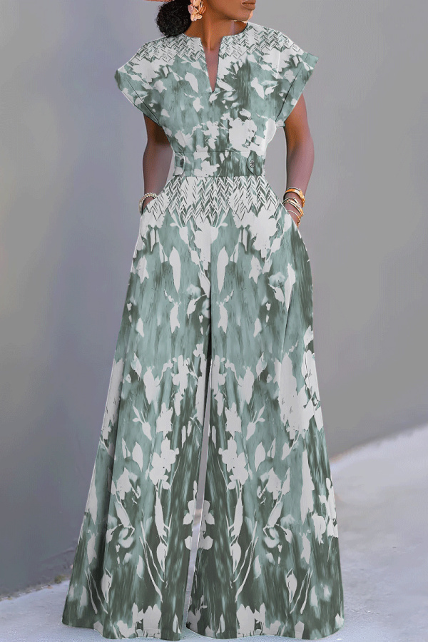 Grass Green Casual Graphics Print V Neck Short Sleeve Vacation Wide Leg Jumpsuits