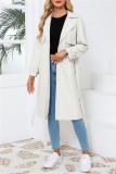 Off White Belted Turndown Collar Long Sleeve Casual Long Loose Jacket Pu Leather Windbreaker