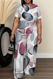 Red Graphics Print O Neck Short Sleeve Oversize T-shirt And Wide Leg Pants Casual Two Pieces Trouser Sets