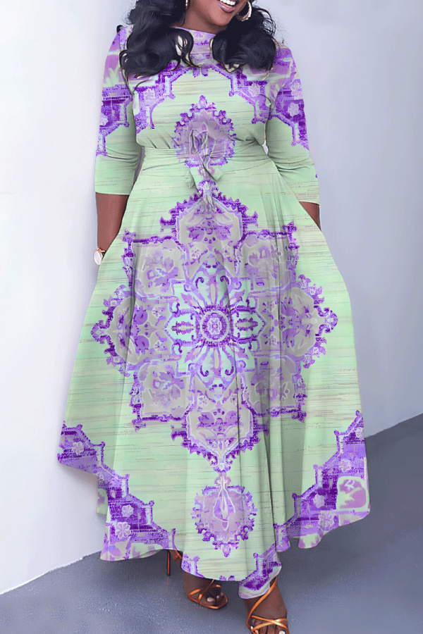 Light Green Floral Print O Neck 3/4 Sleeve Strap Design Belted Floor Length Plus Size Vacation Loose A Line Maxi Dress