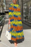 Light Blue Graphics Print O Neck 3/4 Sleeve Long Loose Vacation Casual Pleated Maxi Dresses