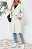 Off White Belted Turndown Collar Long Sleeve Casual Long Loose Jacket Pu Leather Windbreaker