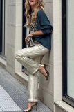 Dark Gray Leopard Print O Neck Long Sleeve Casual Fall Winter Sweatshirt