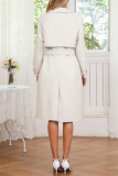 Off White Belted Turndown Collar Long Sleeve Casual Long Loose Jacket Pu Leather Windbreaker