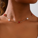 Glod Casual Metallic Red Heart Shaped Pearl Chains Necklace