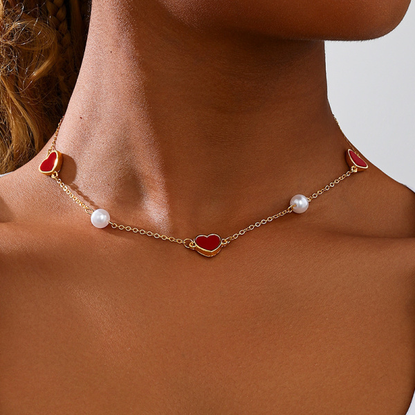 Glod Casual Metallic Red Heart Shaped Pearl Chains Necklace