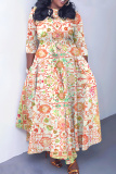 Light Green Floral Print O Neck 3/4 Sleeve Strap Design Belted Floor Length Plus Size Vacation Loose A Line Maxi Dress