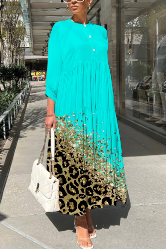 Light Blue Graphics Print O Neck 3/4 Sleeve Long Loose Vacation Casual Pleated Maxi Dresses