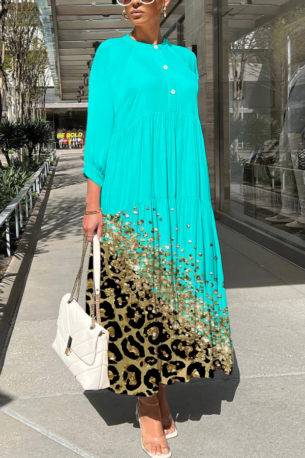 Light Blue Graphics Print O Neck 3/4 Sleeve Long Loose Vacation Casual Pleated Maxi Dresses