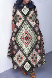 Light Green Floral Print O Neck 3/4 Sleeve Strap Design Belted Floor Length Plus Size Vacation Loose A Line Maxi Dress