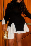 Black White O Neck Long Sleeve Irregular Hem Formal Evening Party Prom Mini Dresses