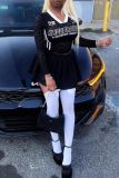 Black Letter Print V Neck Long Sleeve See-Through Lace Crop Tops