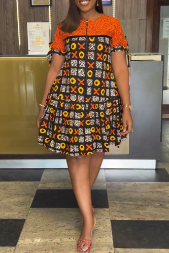 Orange Graphics Print Zipper O Neck Strap Design Casual Loose Vacation Mini Dresses Orange Graphics Print Zipper O Neck Strap Design Casual Loose Vacation Mini Dresses