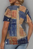 Blue Khaki Faux Denim Print V Neck Short Sleeve Slit Casual Oversize T-Shirts