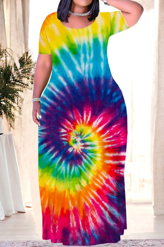 Yellow Blue Tie Dye Print Short Sleeve O Neck Floor Length Loose Vacation Baggy Maxi T-shirt Dress