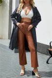 Off White Belted Turndown Collar Long Sleeve Casual Long Loose Jacket Pu Leather Windbreaker