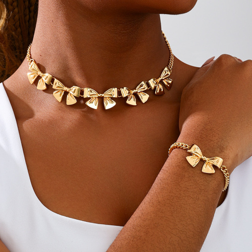 Gold Metal Bow Chains Necklace Bracelet Two Piece Set