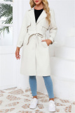 Off White Belted Turndown Collar Long Sleeve Casual Long Loose Jacket Pu Leather Windbreaker