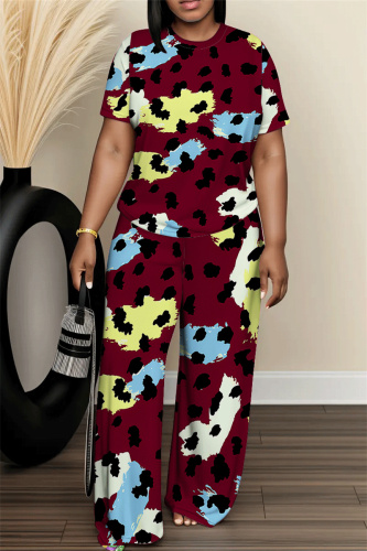 Red Graphics Print O Neck Short Sleeve Oversize T-shirt And Wide Leg Pants Casual Two Pieces Trouser Sets