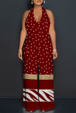 Claret Plaid Polka Dot Heart Shaped Print Lace Up Sleeveless Backless Loose Straight Leg Halter Jumpsuits