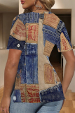 Blue Khaki Faux Denim Print V Neck Short Sleeve Slit Casual Oversize T-Shirts