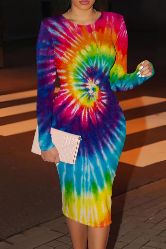 Purple Tie Dye Print V Neck Long Sleeve Casual Outing Bodycon Pencil Midi Dress