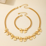 Gold Metal Bow Chains Necklace Bracelet Two Piece Set