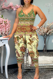 Green Vacation Sexy Casual Loose Floral Print Backless Spaghetti Strap Harem Cami Jumpsuits