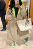 Khaki Long Sleeve With Belt Casual Longline Cardigan Hooded Windbreaker