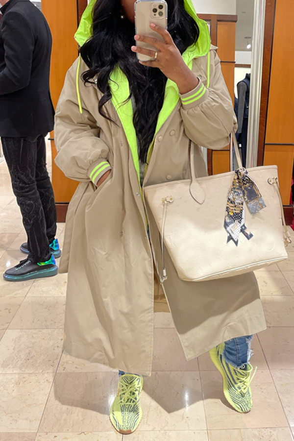 Khaki Long Sleeve With Belt Casual Longline Cardigan Hooded Windbreaker