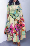 Light Brown Floral Print O Neck 3/4 Sleeve Strap Design Belted Floor Length Plus Size Vacation Loose A Line Maxi Dress
