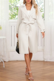 Off White Belted Turndown Collar Long Sleeve Casual Long Loose Jacket Pu Leather Windbreaker