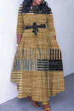 Khaki African Graphics Print O Neck 3/4 Sleeve Strap Design Belted Floor Length Plus Size Vacation Loose A Line Maxi Dress