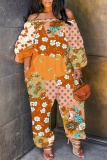 Green Floral Print Off Shoulder Long Sleeve Casual Vacation Harem Leg Jumpsuits