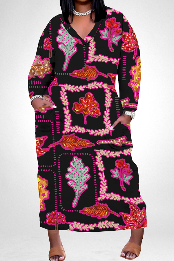 Black White Geometric Faux Denim Print Casual V Neck Long Sleeve Ankle Length Casual Outing Plus Size Straight Loose Maxi Dress