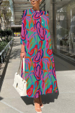 White Graphics Print O Neck 3/4 Sleeve Long Loose Vacation Casual Pleated Maxi Dresses