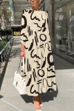 White Graphics Print O Neck 3/4 Sleeve Long Loose Vacation Casual Pleated Maxi Dresses