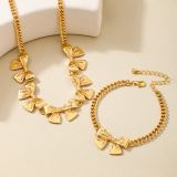 Gold Metal Bow Chains Necklace Bracelet Two Piece Set